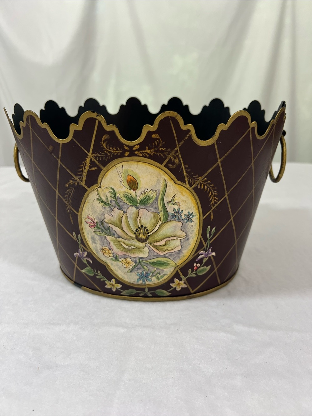Decorative Floral Metal Cachepot Planter in Dark Brown and Gold